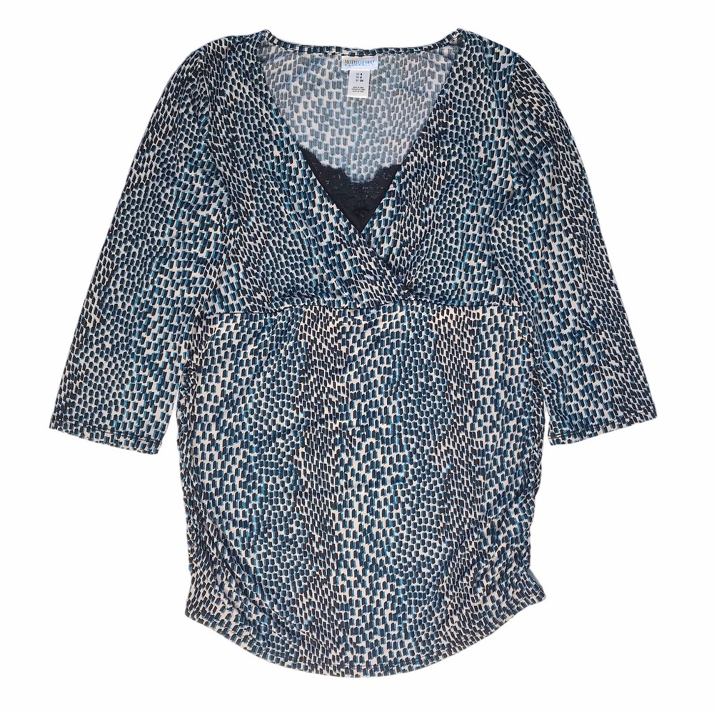 🎈SALE Motherhood Maternity Top Lace Blue Black Print Surplice Wrap Blouse Size S